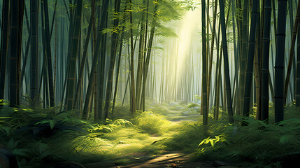 Tranquil bamboo forest, tall bamboo stalks create a dense and peaceful atmosphere - obrazy, fototapety, plakaty