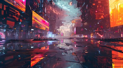 Futuristic Cityscape with Neon Lights and Billboards