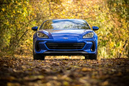 Brno, Czech Republic - October 28, 2023: Fast small sports car Subaru BRZ in the forest. Powerful blue Japanese car outside on a forest road.