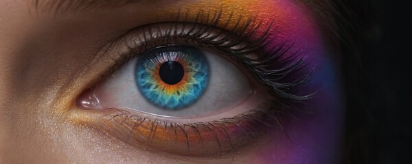 Fototapeta premium Bold makeup enhances the female eye, creating a vivid contrast against the dark.