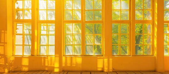 The image shows an empty room with radiant yellow walls and large windows. The sunlight filters through the windows, casting a warm glow on the rooms interior. The simplicity of the room highlights
