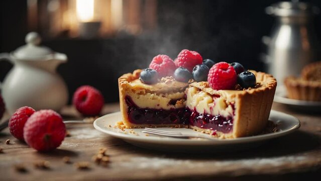 a plate of pie with berry topping