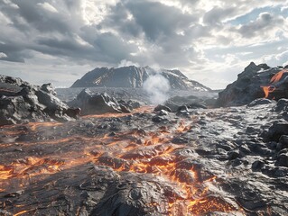 Lava Flows in a Desert Landscape A Realistic 3D Render - obrazy, fototapety, plakaty