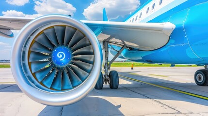 A turbine on the wing of a modern passenger aircraft. Turbine spinning, creating whirlwind of power, propelling plane to new heights.
