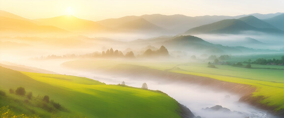 Picturesque spring or summer landscape with fog over the river and green vegetation