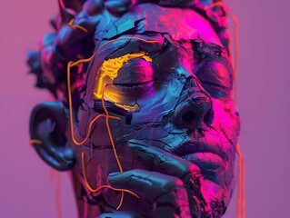 Neon-Infused Digital Portrait in a Wireframe Dreamscape