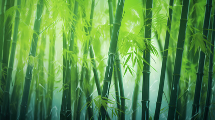 Tranquil bamboo forest, tall bamboo stalks create a dense and peaceful atmosphere