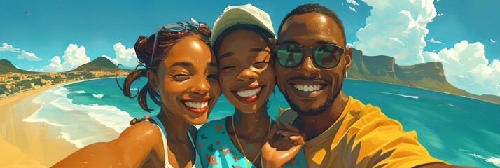 Illustration of happy young friends taking selfie on sea background, banner - obrazy, fototapety, plakaty