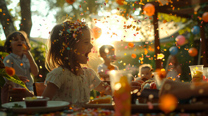 a female kid celebrating her birthday with her guest outdoors, party decorated with balloons and confetti falling 