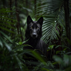 Black Wolf Peering Intently Through Lush Forest Foliage at Dusk. AI.