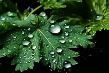 Capturing the tranquil beauty of dew drops on vibrant green leaves in natures serene embrace