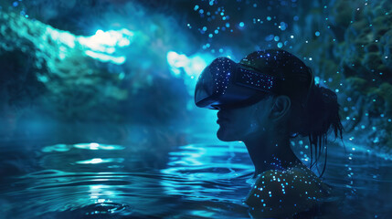 A woman is submerged in water using VR, surrounded by a mystical underwater environment with glowing particles, depicting the transformative nature of VR and its use in surreal experiences 