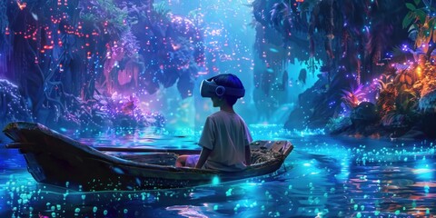 child sits tranquilly in a boat, wearing a VR headset, surrounded by glowing, bioluminescent environment, representing peaceful exploration of virtual worlds and the serenity technology can bring
