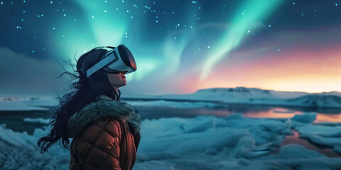 A woman clad in a jacket experiences the Northern Lights through VR, standing against a backdrop of icy landscapes, suitable for marketing VR travel experiences, promoting environmental awareness - obrazy, fototapety, plakaty