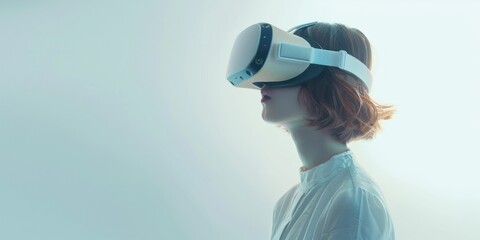 A woman experiences serene contemplation with a VR headset, framed by a minimalist white background, perfect for promoting meditation apps, wellness and mental health initiatives