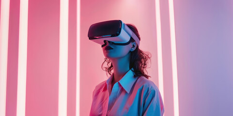 A woman is captivated by virtual reality amidst vibrant neon lights, symbolizing the dynamic and entertainment potential of VR, ideal for marketing VR clubs, nightlife entertainment experiences