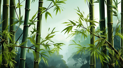 Fototapeta na wymiar Bamboo forest, tall bamboo stalks, tranquil and Zen green background