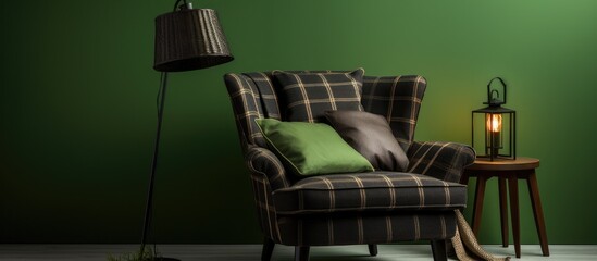 A black armchair with a basket, cushion plaid, and a lamp is placed in a room with a green wall. The lamp illuminates the area, creating a cozy and inviting atmosphere.