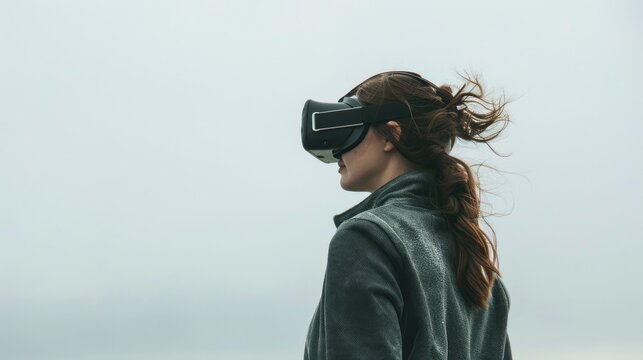 A serene woman in VR stands against a foggy, muted landscape, evoking the use of VR for meditation or stress relief, potentially for environmental exploration, or to illustrate the escapism
