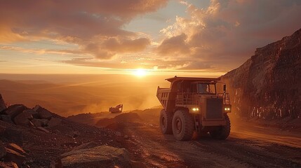 Haul truck in operation at a mine during a beautiful sunset.