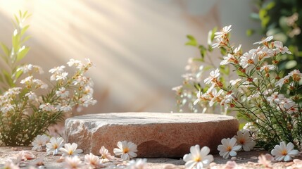 Empty Stone Podium Surrounded by White Flowers and Petals. Beautiful Elegant Scene with Natural Light Sunrays Background for Beauty Cosmetic Product Presentation Display Showcase