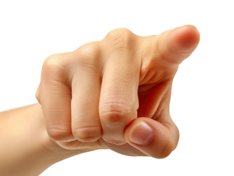 Pessoa apontando dedo. Fundo transparente (PNG). Uso: direcionamento, advertência, destaque, comunicação