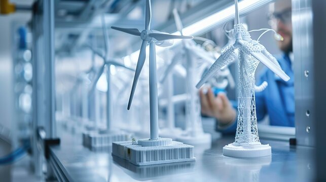 Engineer inspects 3D printed wind turbine models in a high-tech lab.