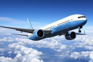 Fototapeta premium Captivating image of airplane soaring through picturesque sky, evoking travel and tourism essence