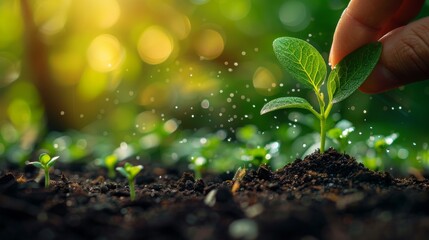 A hands-on planting seedling growing step in a garden with sunshine. Growth, profit, development, and success of a business are all included. - obrazy, fototapety, plakaty