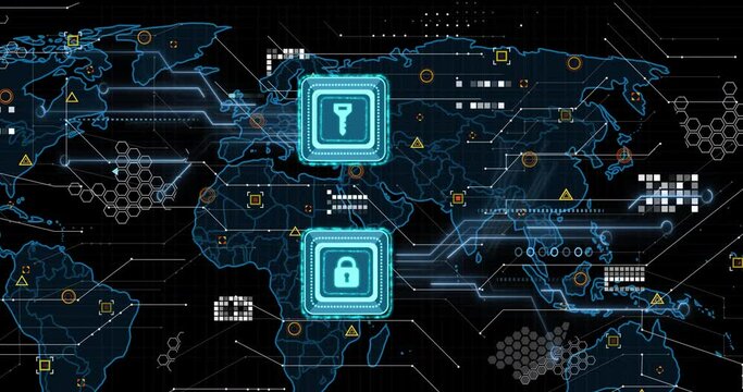 Animation of circuit board, key and padlock icon and network of connections over world map