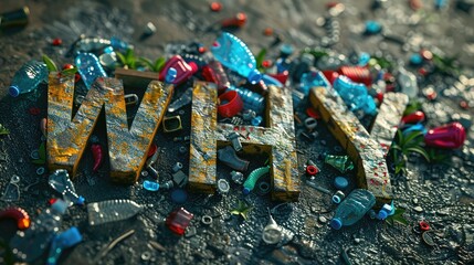 WHY 3D letters surrounded by various colorful waste items.
