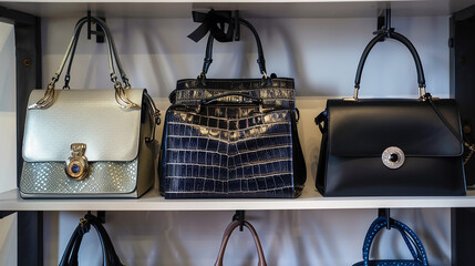 An assortment of trendy handbags in different sizes and styles, arranged on a shelf. - obrazy, fototapety, plakaty