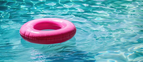 A pink ring-shaped flotation device is floating on the clear blue water of a swimming pool, ready for use. The vibrant pink color contrasts with the serene blue of the pool.