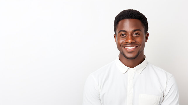 Waist-up studio portrait of a handsome young African American businessman wearing a white shirt and looking at the camera with a friendly smile. Isolated on a white background.