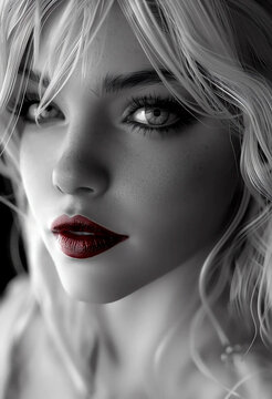 Black and white image of blonde woman with green eyes and red lips.