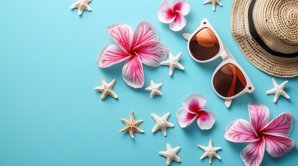 Summer Accessories: Flowers, Starfish, Hat, Sunglasses on Sky Blue Background