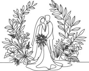 married, wedding continuous line drawing minimalist, simplicity contour, 