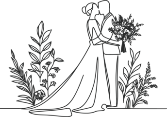 married, wedding continuous line drawing minimalist, simplicity contour, 
