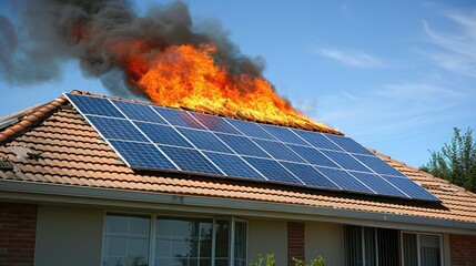 House roof with solar panels ablaze and smoke rising. - obrazy, fototapety, plakaty