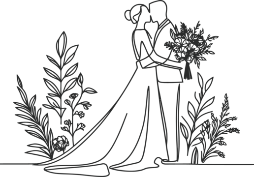 married, wedding continuous line drawing minimalist, simplicity contour, 