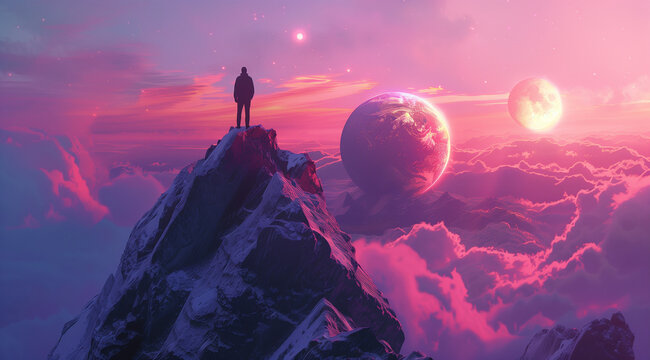 Colorful space scene with a person.