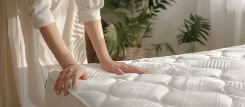 Woman touching white soft mattress