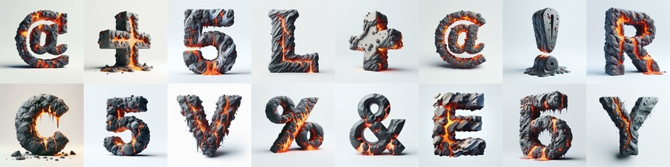 Raw stone and lava 3D Lettering Typeface. AI generated illustration