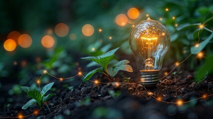 An LED bulb is located on the soil, and plants are growing with growth graphs. Alternative sources of energy are crucial to our future. Green energy development is vital. - obrazy, fototapety, plakaty