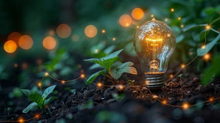 Tuinposter An LED bulb is located on the soil, and plants are growing with growth graphs. Alternative sources of energy are crucial to our future. Green energy development is vital. © DZMITRY