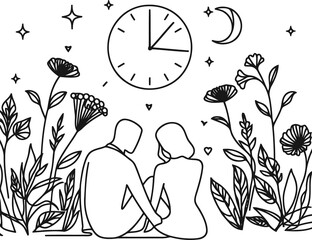 romantic couple in continuous line drawing minimalist, simplicity contour,