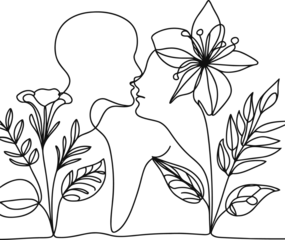 romantic couple in continuous line drawing minimalist, simplicity contour,