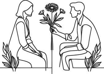 romantic couple in continuous line drawing minimalist, simplicity contour,
