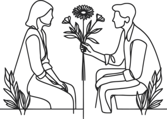 romantic couple in continuous line drawing minimalist, simplicity contour,