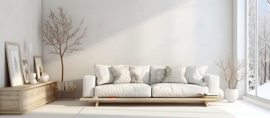 Fototapeta na wymiar A modern white living room with a sleek white couch against a clean backdrop, accompanied by a large mirror on the wall.